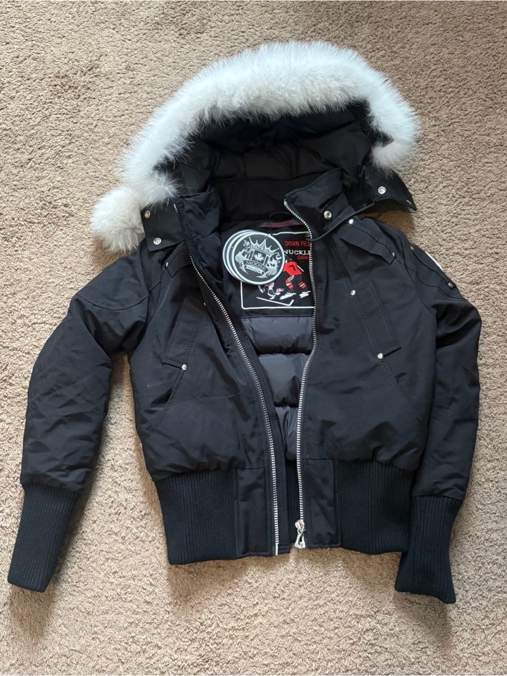 SP Moose Knuckles Black Bomber Jacket with White Fur-Trimmed Hood